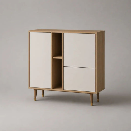 Buffet haut rectangulaire en MDF avec 1 porte, 2 tiroirs et 2 niches, chêne naturel et blanc mat, 120 × 40 × 120 cm