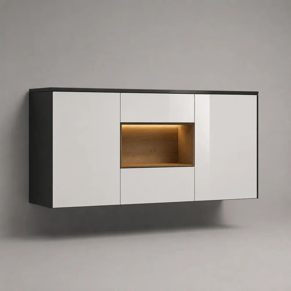 Buffet mural suspendu en panneaux de particules et MDF avec éclairage LED, blanc, noir et chêne, 160 × 40 × 80 cm