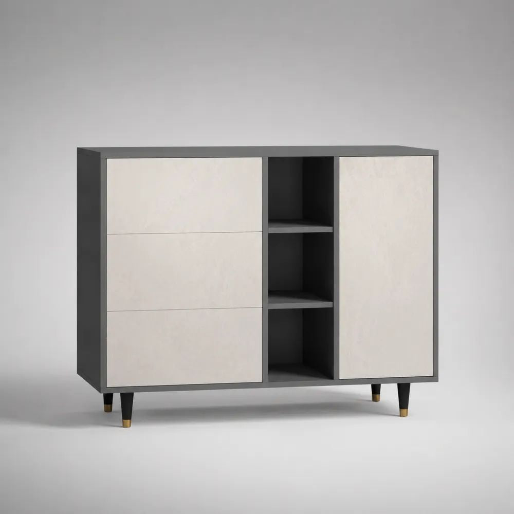 Buffet rectangulaire en panneaux de particules et MDF, 3 tiroirs, 1 porte et 3 niches, anthracite et beige, 120 × 40 × 90 cm