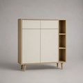 Buffet haut 4 portes et 3 niches en bois et MDF, chêne clair et blanc cassé, 120 × 40 × 135 cm