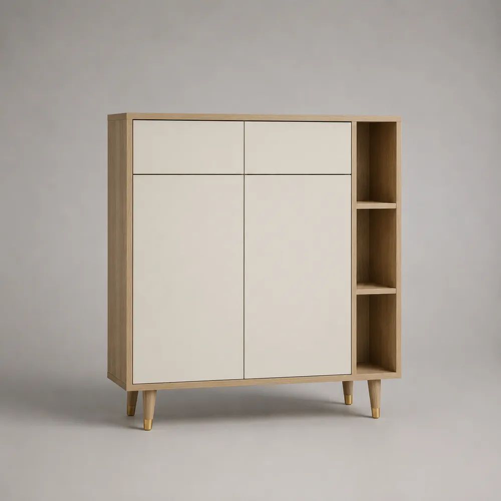Buffet haut 4 portes et 3 niches en bois et MDF, chêne clair et blanc cassé, 120 × 40 × 135 cm