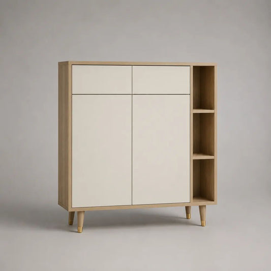 Buffet haut 4 portes et 3 niches en bois et MDF, chêne clair et blanc cassé, 120 × 40 × 135 cm