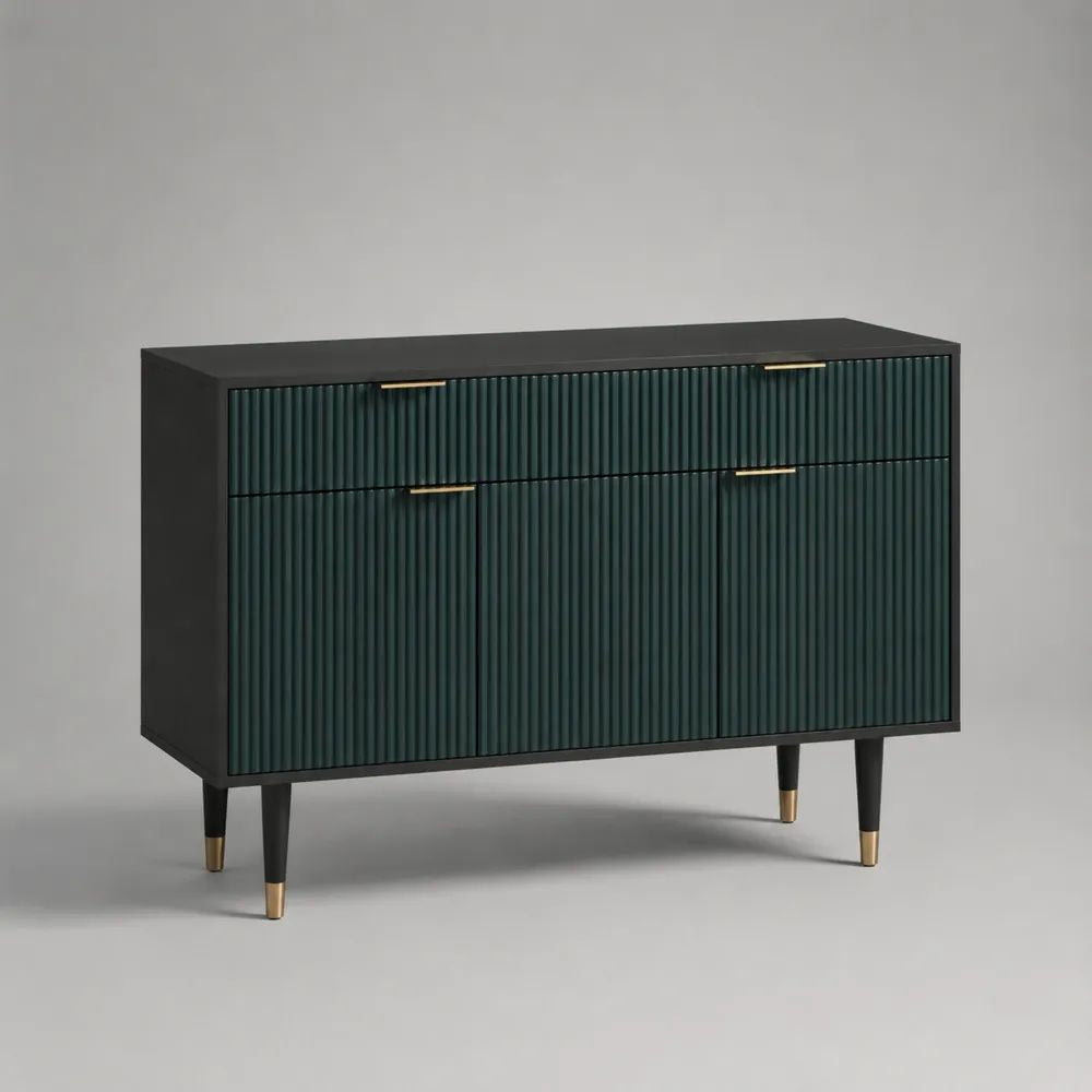 Buffet rectangulaire à 2 portes et 2 tiroirs en MDF vert foncé et noir avec poignées dorées, 120 × 40 × 80 cm