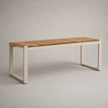 Banc de jardin extérieur 2 places en acacia massif et acier thermolaqué, marron naturel et blanc cassé, 120 × 35 × 45 cm