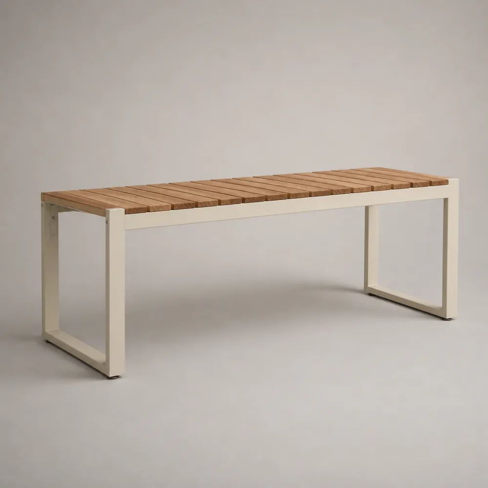 Banc de jardin extérieur 2 places en acacia massif et acier thermolaqué, marron naturel et blanc cassé, 120 × 35 × 45 cm