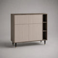 Buffet à 4 portes et 3 niches en MDF et panneaux mélaminés, taupe, brun grisé, noir et laiton, 120 × 40 × 110 cm