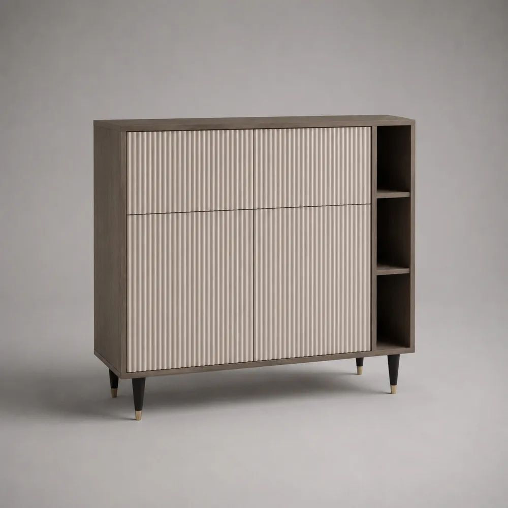 Buffet à 4 portes et 3 niches en MDF et panneaux mélaminés, taupe, brun grisé, noir et laiton, 120 × 40 × 110 cm