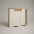 Buffet haut rectangulaire 3 portes en bois blanc cassé et chêne naturel, 120 x 40 x 140 cm