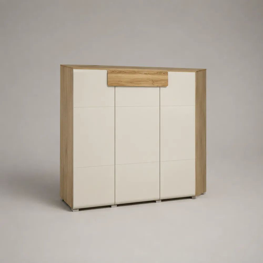 Buffet haut rectangulaire 3 portes en bois blanc cassé et chêne naturel, 120 x 40 x 140 cm