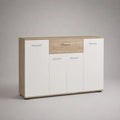 Buffet rectangulaire 4 portes et 1 tiroir en panneaux de particules blanc et chêne clair, 120 × 35 × 85 cm