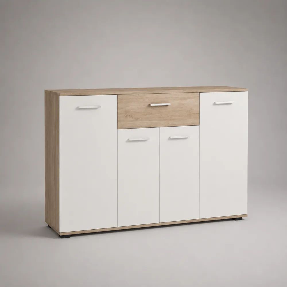 Buffet rectangulaire 4 portes et 1 tiroir en panneaux de particules blanc et chêne clair, 120 × 35 × 85 cm