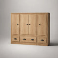 Buffet haut rectangulaire en bois, 4 portes et 3 tiroirs, chêne naturel et noir, 180 × 45 × 140 cm