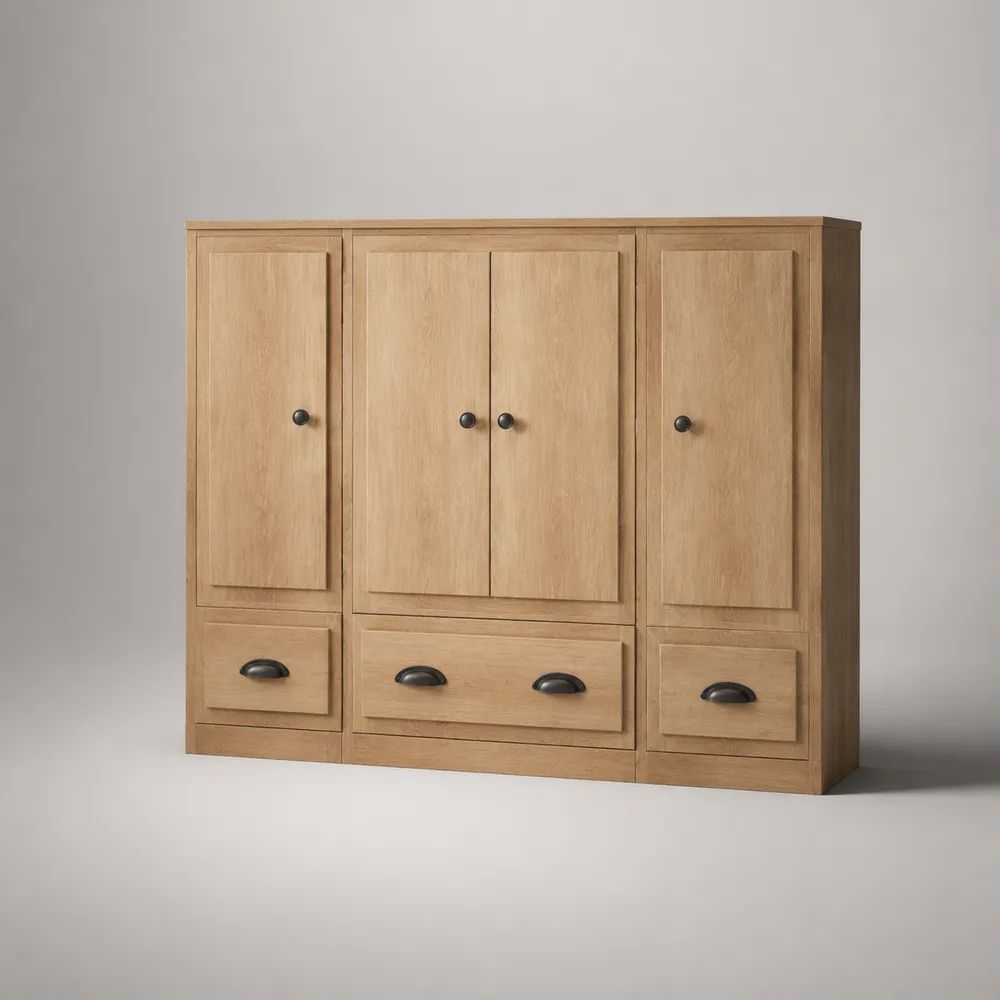 Buffet haut rectangulaire en bois, 4 portes et 3 tiroirs, chêne naturel et noir, 180 × 45 × 140 cm