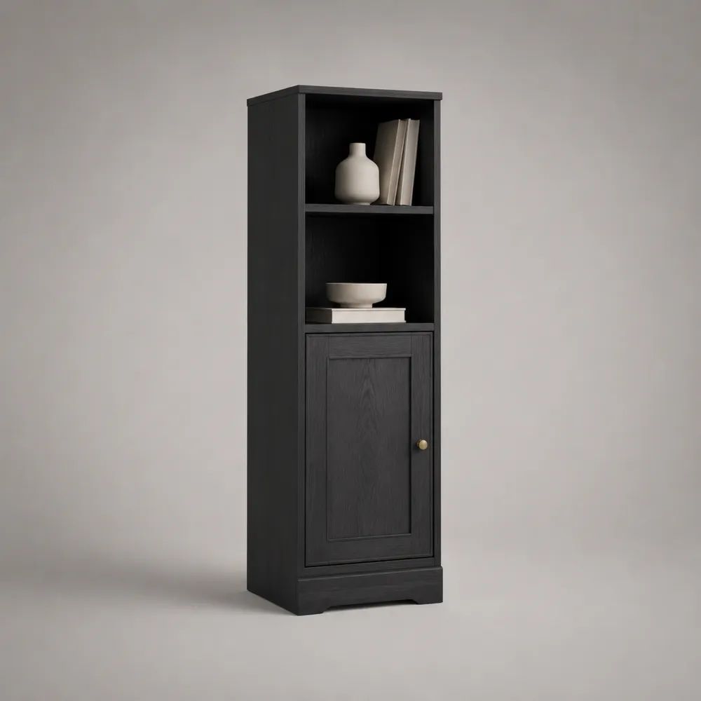 Buffet haut étroit en bois noir avec 1 porte et 2 niches, 50 × 35 × 170 cm