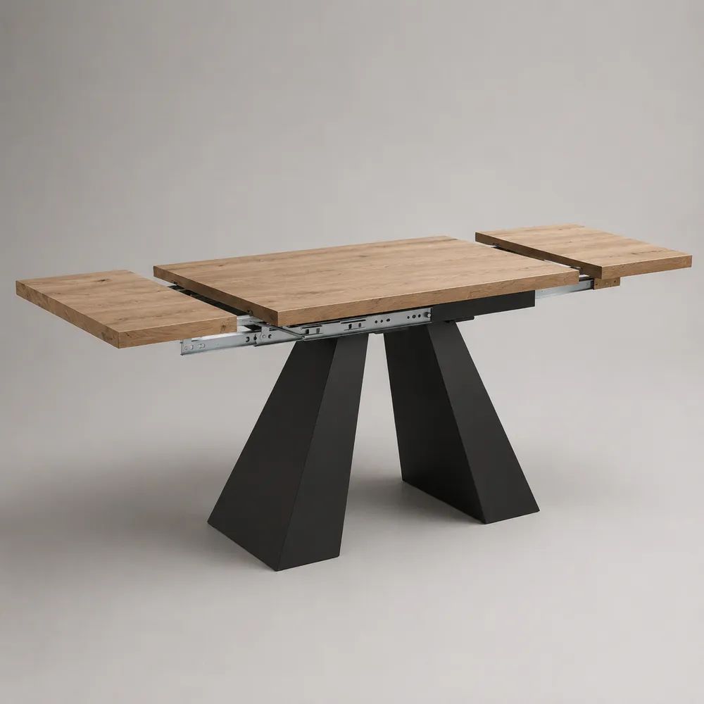 Table à manger extensible rectangulaire en chêne massif et acier noir, 160 à 240 × 90 × 76 cm