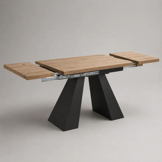 Table à manger extensible rectangulaire en chêne massif et acier noir, 160 à 240 × 90 × 76 cm